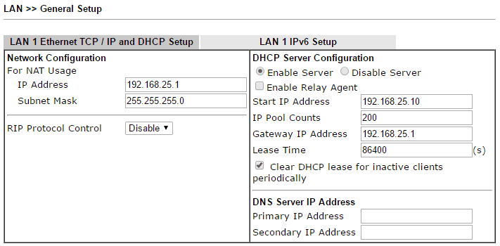 a screenshot of DrayOS LAN subnet settings